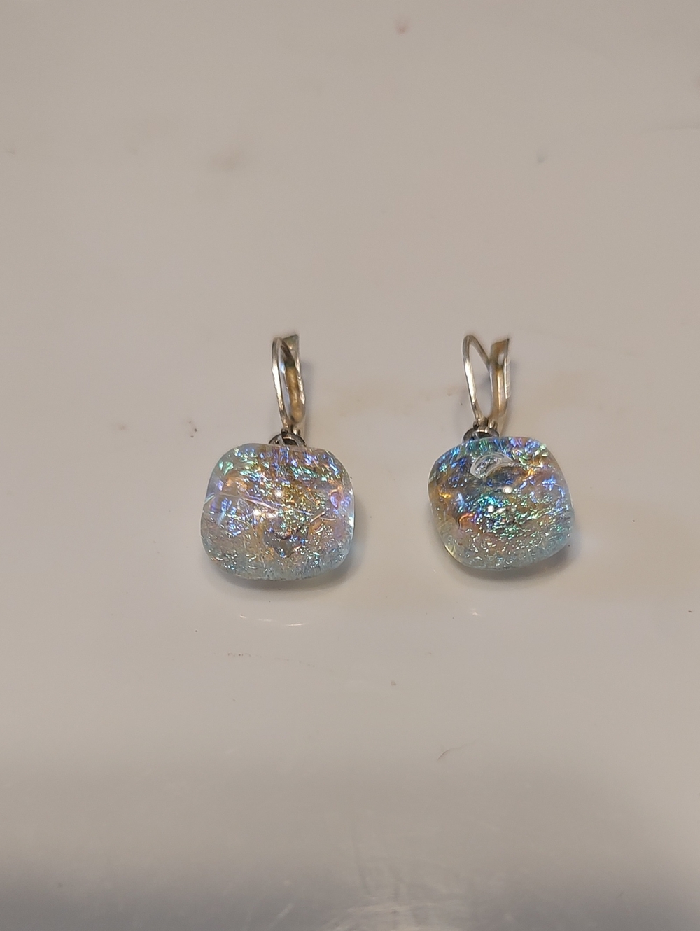 Dichroic Glass Sparkle Drop Earrings - Iridescent Clear Pierced